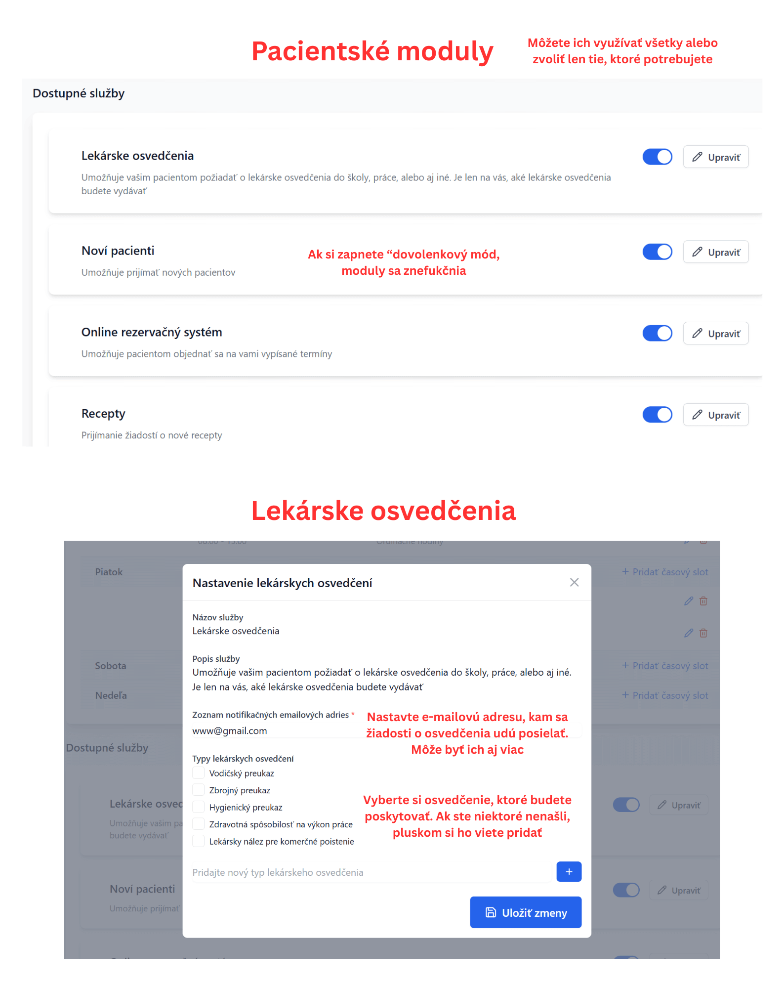 Návod ordinacia online Nastavenie pacientských modulov